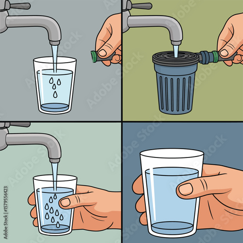 Illustrating the process of filtering tap water for drinking and purification
