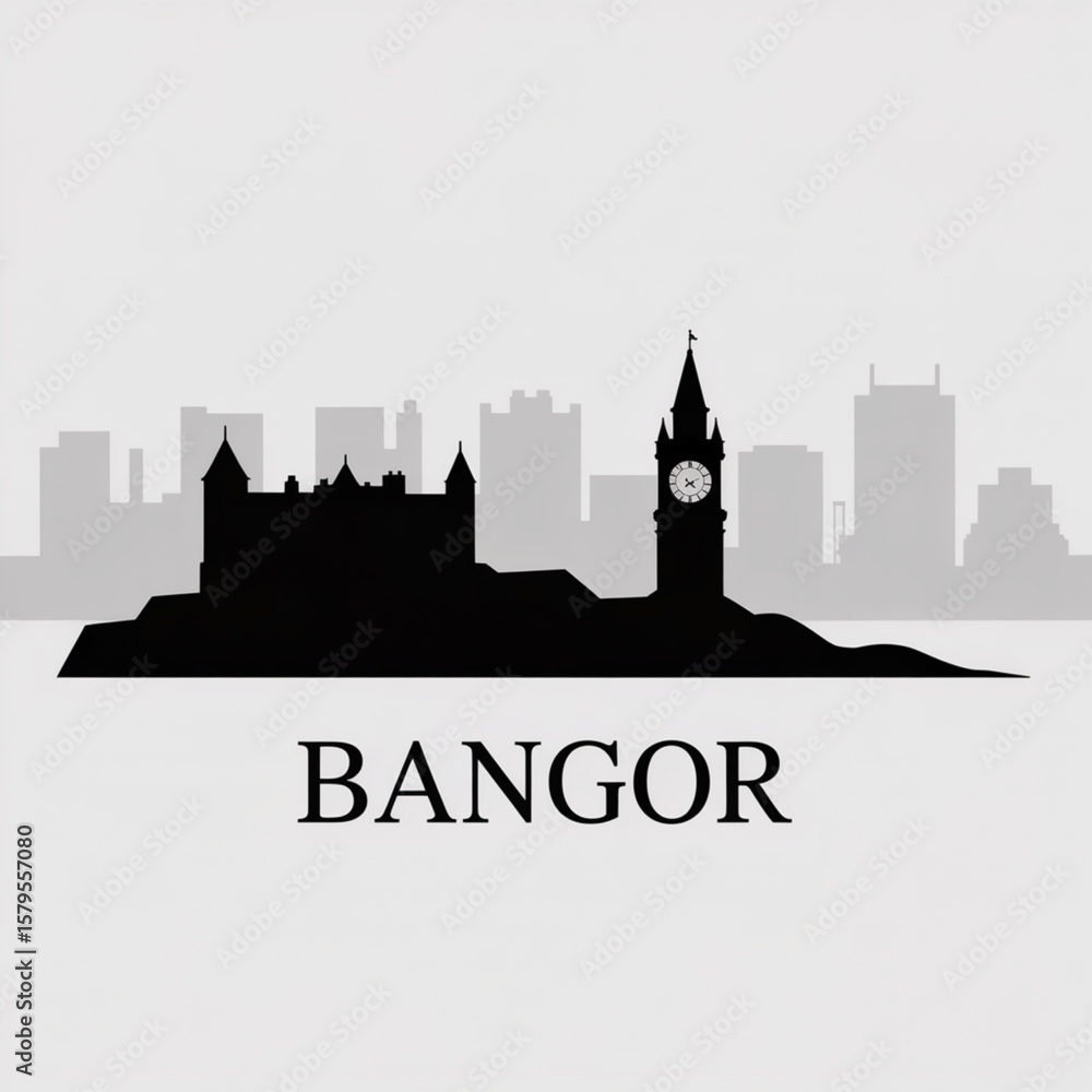 Fototapeta premium Bangor Skyline Silhouette - Coastal Northern Ireland City Vector Illustration