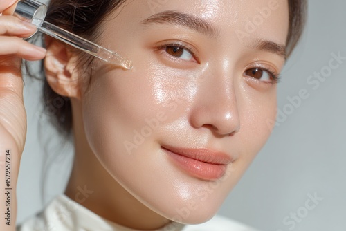 Radiant skin glow as young Korean woman applies clear serum in soft light