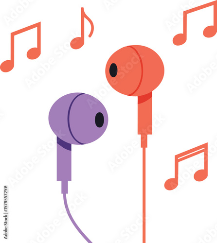 Colorful red and purple earphones with music notes vector illustration for audio entertainment and music listening 