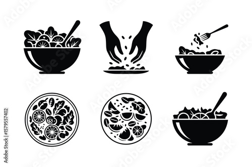 Salad bowls with ingredients and serving utensils fork spoon