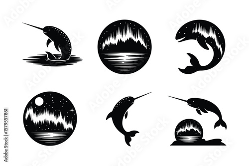 Narwhal silhouettes against aurora borealis and starry night sky northern lights