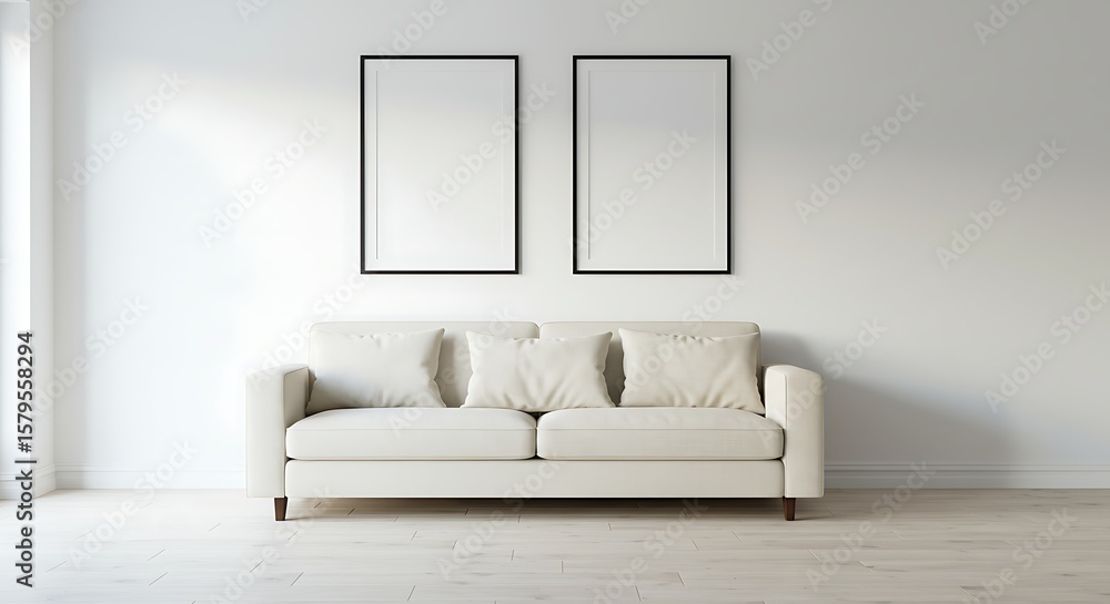 Fototapeta premium Empty white frames on a white wall with a cream colored sofa in a minimalist living room.