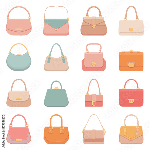 Collection of sixteen stylish and colorful handbags arranged in a grid pattern