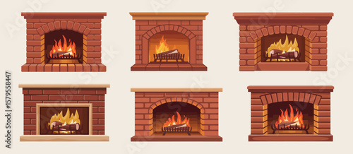 Collection of six different brick fireplaces with glowing fires and logs