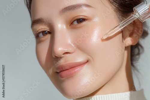 Young Korean woman embraces clean beauty with a radiant skincare routine in soft light