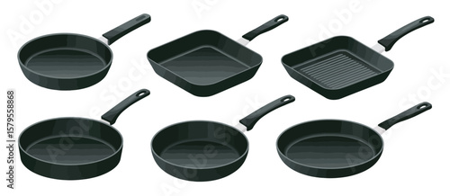 Collection of assorted black frying pans and grill pans on a white background