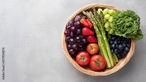 Basket of fruit and vegetables including tomatoes, strawberries, grapes