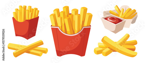 Collection of delicious french fries in red paper containers and with ketchup