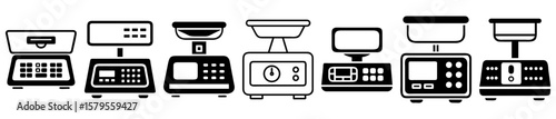 Diverse collection of balance scales, showcasing varying designs and functionalities, black and white