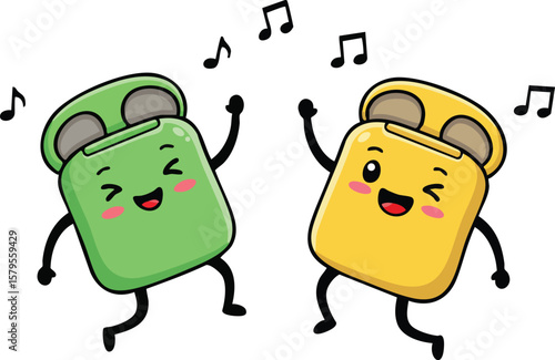 Cute green and yellow dancing cartoon earbuds with happy faces and music notes vector illustration 