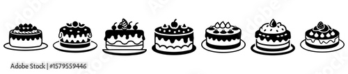 Collection of delightful black and white cake illustrations on white background