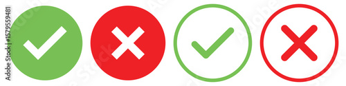 Set green approval check mark and red cross icons in circle and square, checklist signs, flat checkmark approval badge, isolated tick symbols