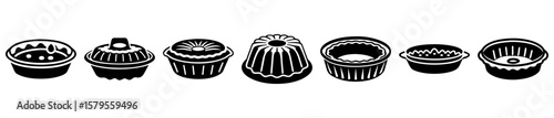 A collection of baking pans for cakes, pies, puddings and other baked goods