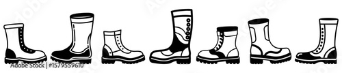 Variety of black and white sketched boots with different heights and designs