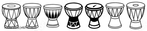 Line art featuring an assortment of ethnic drums in a monochrome setting