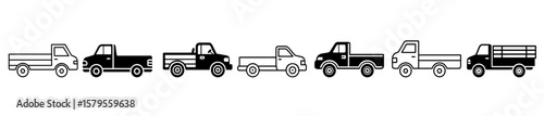 Seven simple cartoon style pickup trucks depicted in black and white