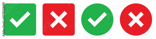 Set green approval check mark and red cross icons in circle and square, checklist signs, flat checkmark approval badge, isolated tick symbols