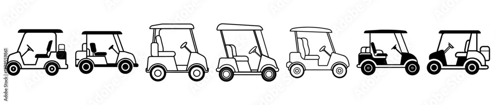 Fototapeta premium Six Stylized Golf Cart Illustrations, Black and White, Linear Graphics