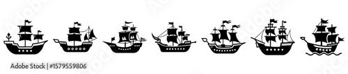 Stylized Silhouette Collection of Sailing Ships and Pirate Ships on the Seas