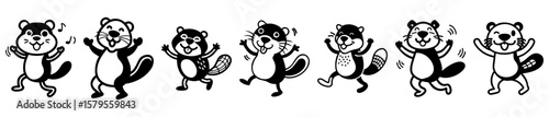 Fotografie A joyous gaggle of dancing, celebrating beavers illustrated in black and white s