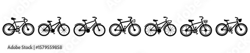 A variety of bicycle silhouettes lined up in a neat row formation