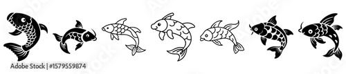 Seven Fish Illustration with Black and White Color Palette Style
