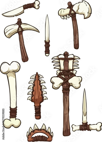 a collection of prehistoric or primitive tools and weapons primarily made from bone and stone, reflecting the ingenuity of early human technology.