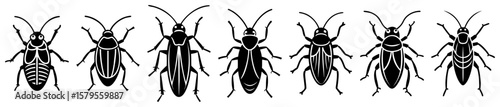 Vector illustration of different cockroach silhouettes in a row on white background