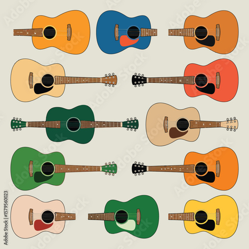 A collection of colorful acoustic guitars arranged in a grid pattern