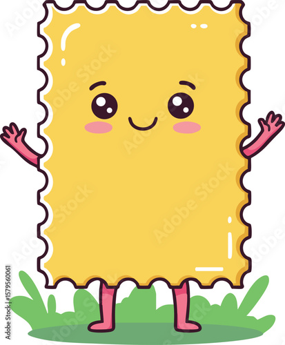 Cute ravioli pasta character smiling with arms and legs standing on grass vector illustration 