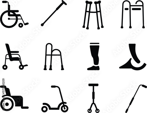 Collection of black medical mobility assistance device icons on white background