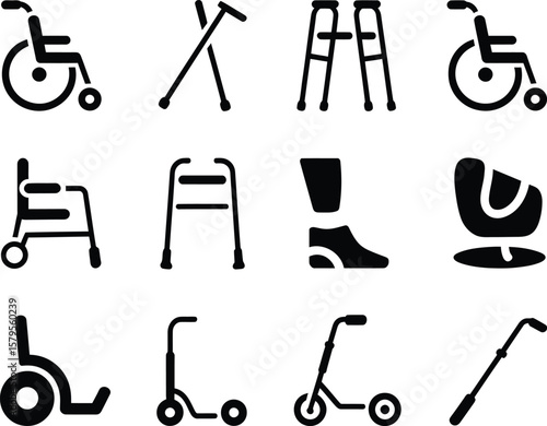 Collection of black and white icons representing mobility aids and assistive devices
