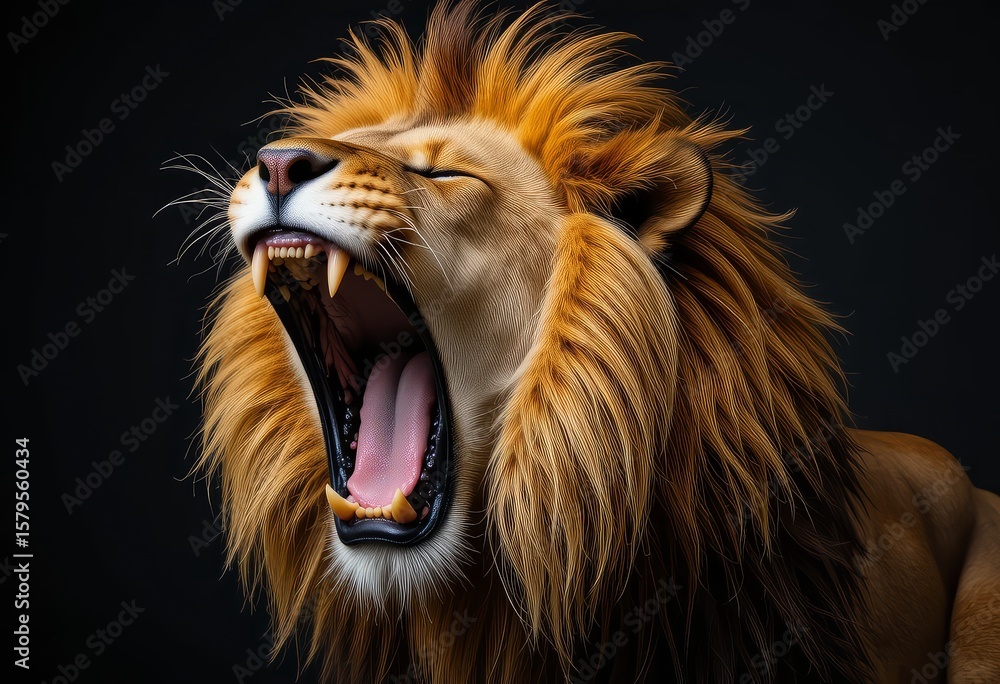 Naklejka premium Fierce Majestic Roaring Lion Portrait in High Detail Depicting Strength, Wild Power, and Animal Kingdom Dominance with Roar Expression