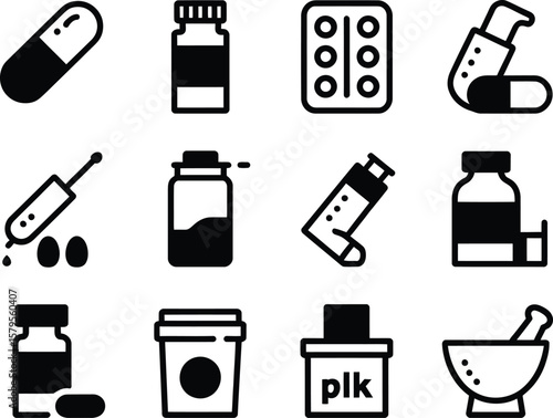 Collection of medical and pharmaceutical icons representing healthcare and medicine
