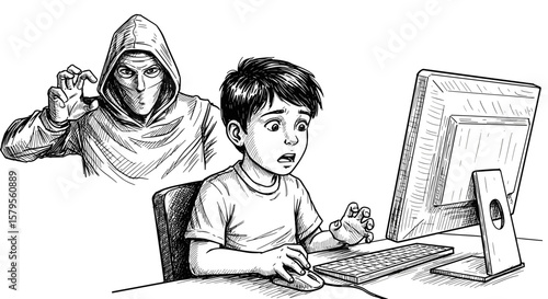 Cybercriminal in a mask deceives a child, scamming money through an online game. Child playing on a computer, with a fraudster in the background	- Black and White Hand Drawn Sketch Illustration	