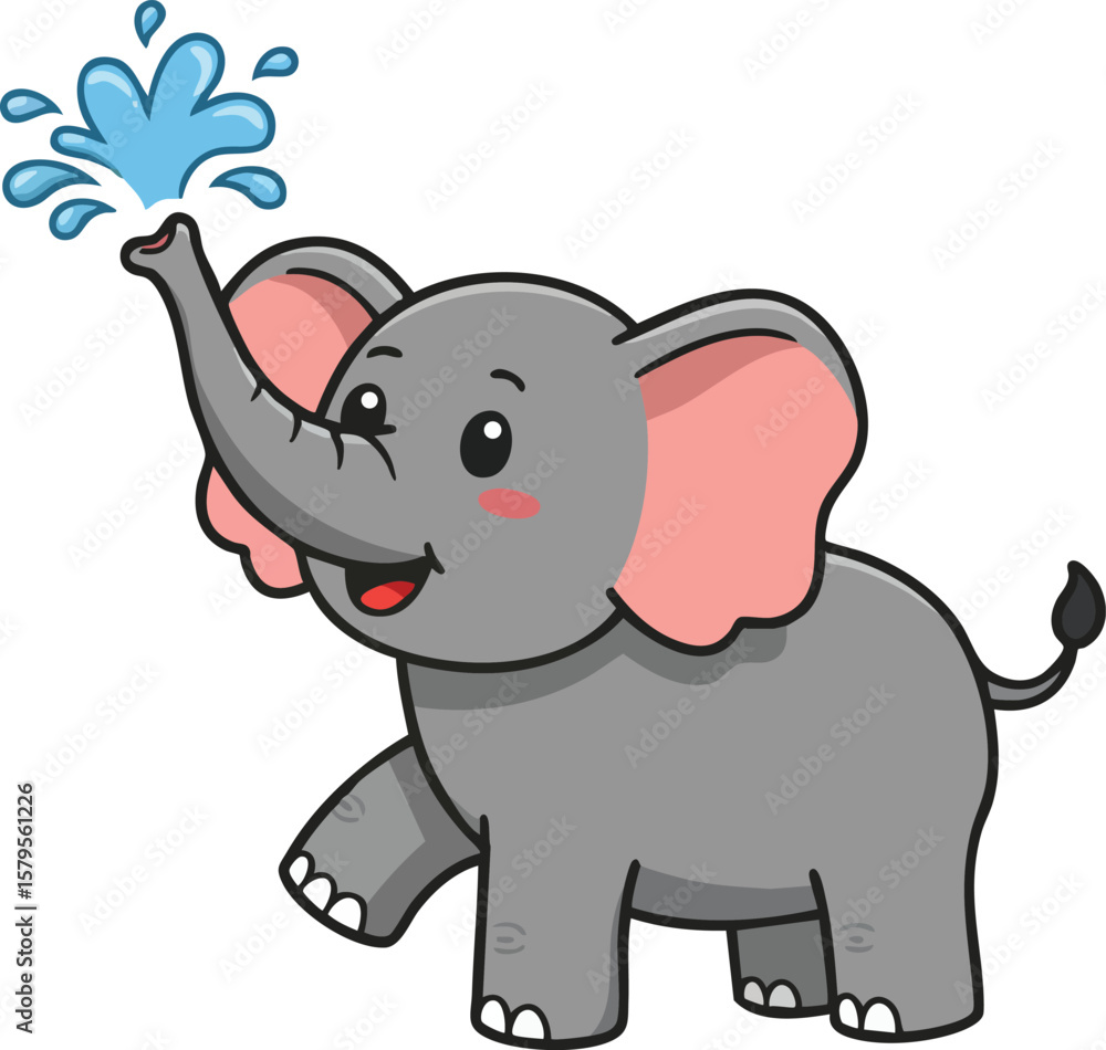 Fototapeta premium Cute baby elephant spraying water with trunk cartoon vector illustration in playful style