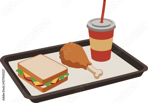 Fast food meal with sandwich fried chicken drumstick and soft drink on tray vector illustration 