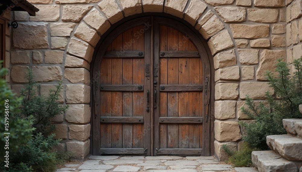 Fototapeta premium Rustic wooden double door set into stone wall in ancient town. Features intricate carvings, weathered wood, iron hardware, detailed craftsmanship. Antique doorway represents historical architecture,