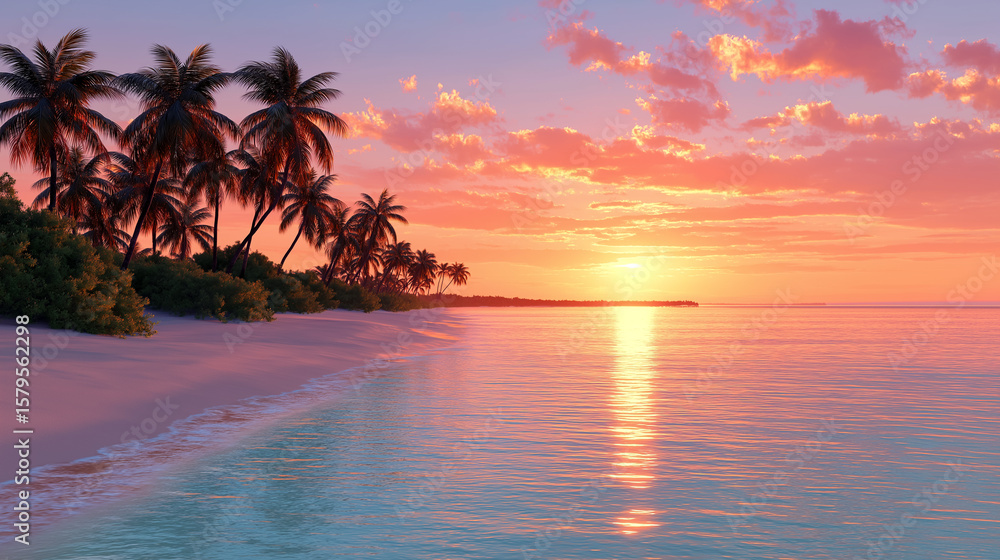 Obraz premium Romantic peach-colored sunset over an untouched tropical beach with swaying palm trees