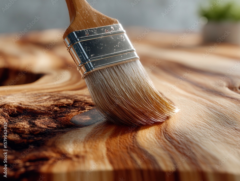 Naklejka premium Applying clear varnish on natural wood surface with brush, showing the wood grain texture with warm lighting
