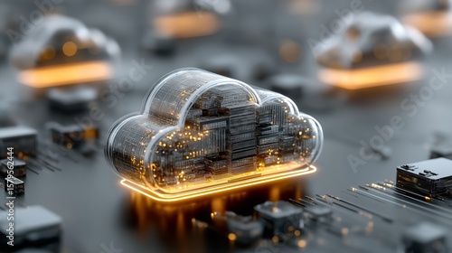Glowing digital cloud structure filled with data blocks and circuits, representing cloud computing, storage technology, and information stream