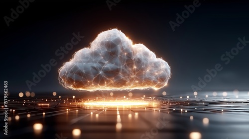 Digital cloud structure formed by glowing data connections floating above illuminated grid, symbolizing cloud storage and data transmission