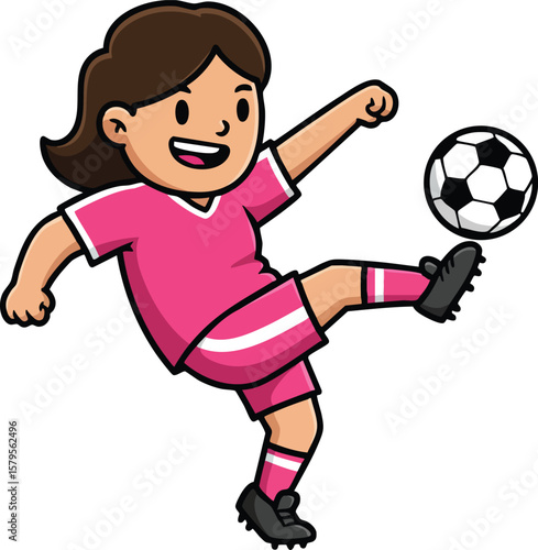 Girl playing soccer kicking ball with pink uniform and black cleats in sport action vector illustration 