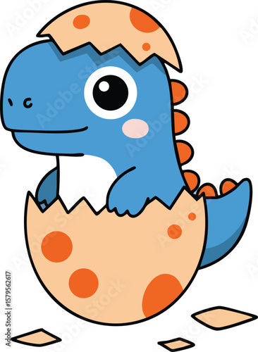 Cute baby dinosaur hatching from spotted egg in cartoon style vector illustration for children and education use 