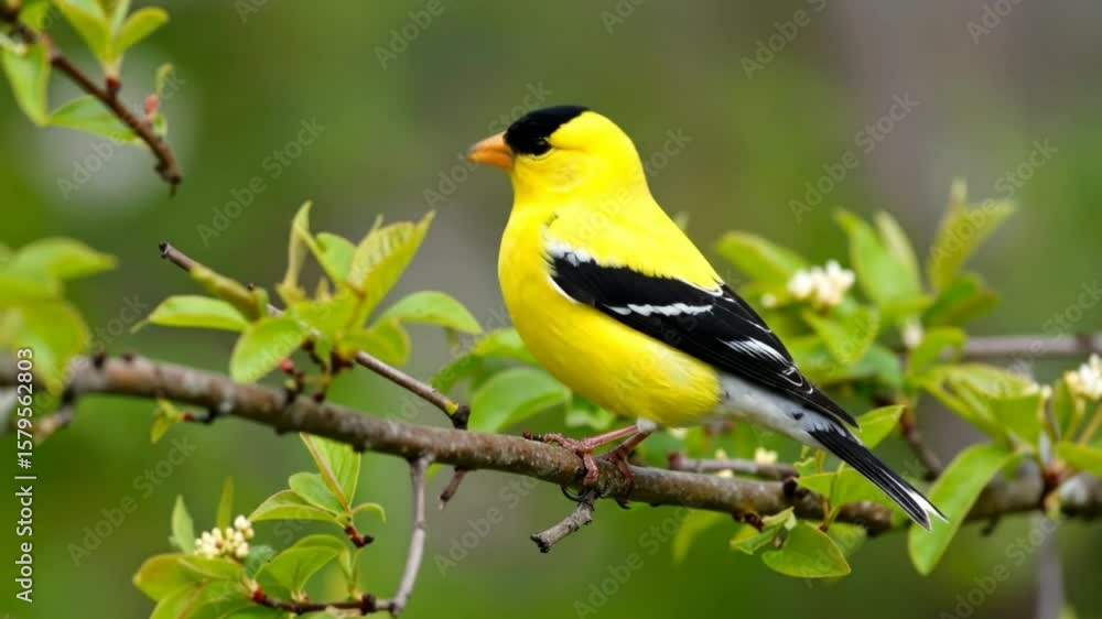 A bright yellow bird with black wings perches on a branch green backdrop A bright yellow bird with black wings perches on a branch green backdrop