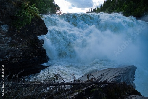 Photos beautiful powerfull waterfall tannforsen in sweden