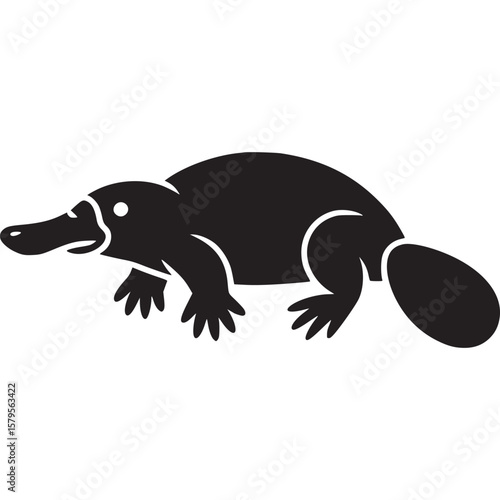 A simple black silhouette of a platypus with a duckbill tail and webbed feet on a white background on transparent background