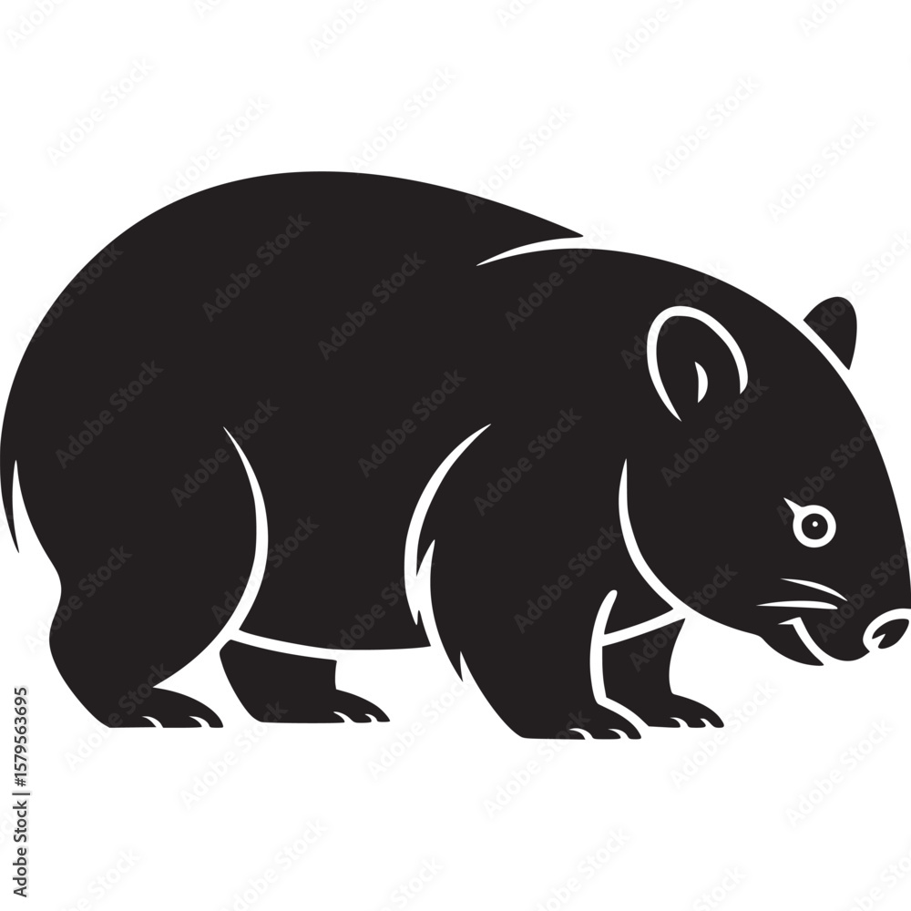 Fototapeta premium A solid black silhouette of a wombat standing on a white background in a simple vector illustration on transparent background