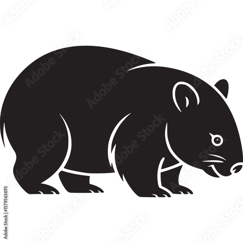 A solid black silhouette of a wombat standing on a white background in a simple vector illustration on transparent background